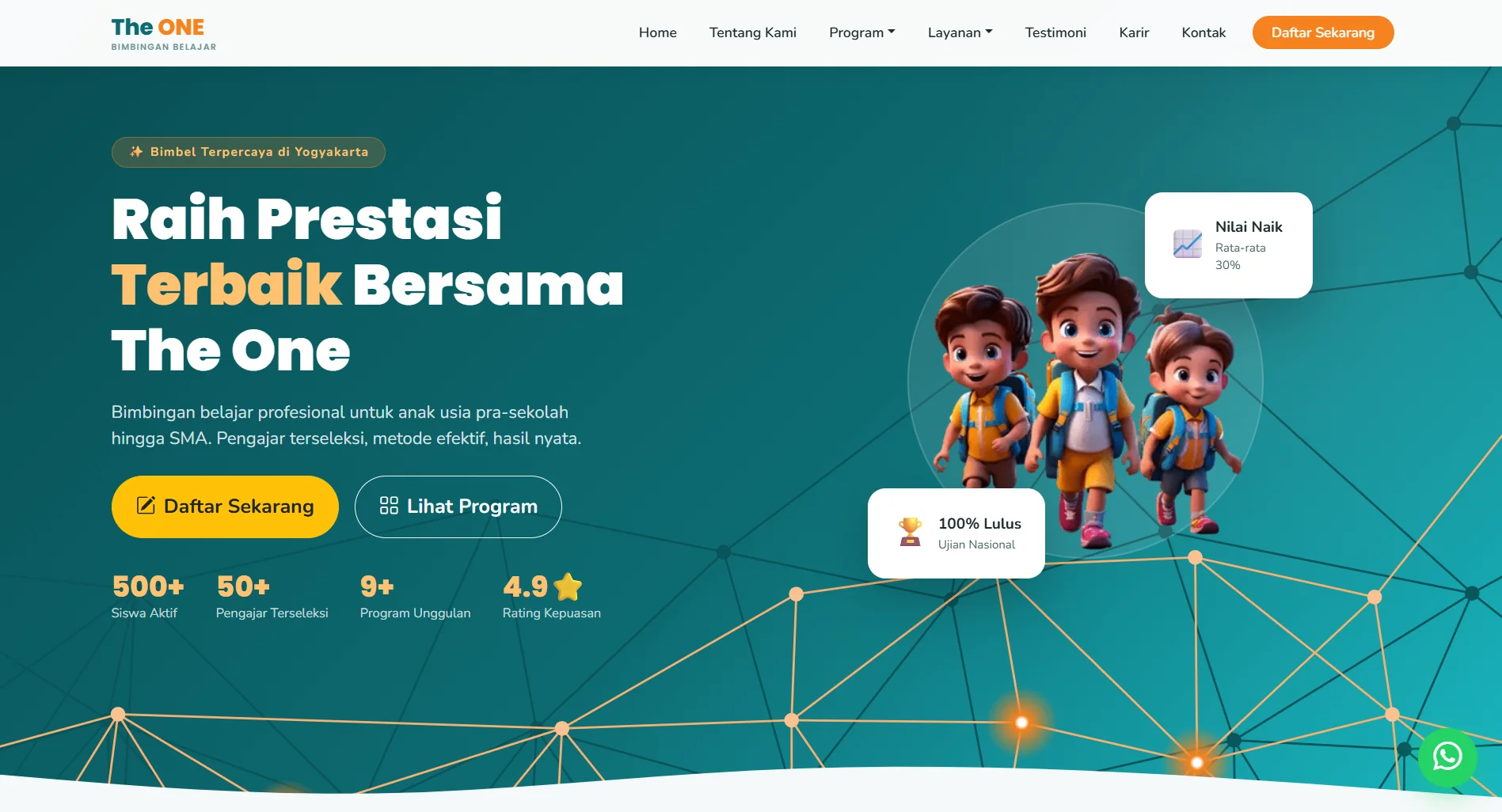 Pratinjau website pendidikan The One dengan bagian pembuka berwarna hijau kebiruan dan pengenalan program.